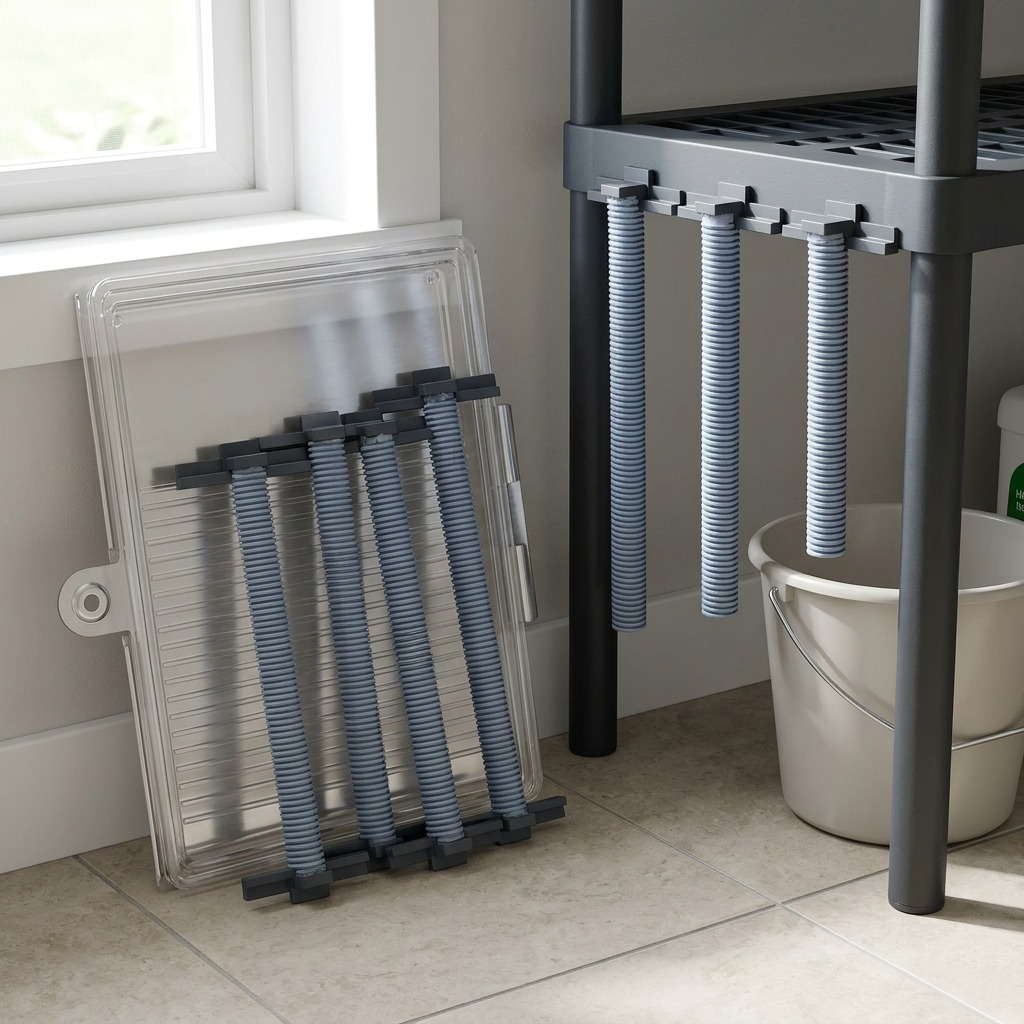 Rakabot Titan 5-tier drainage pipe kit with black hooks installed on a shelving unit over a bucket.