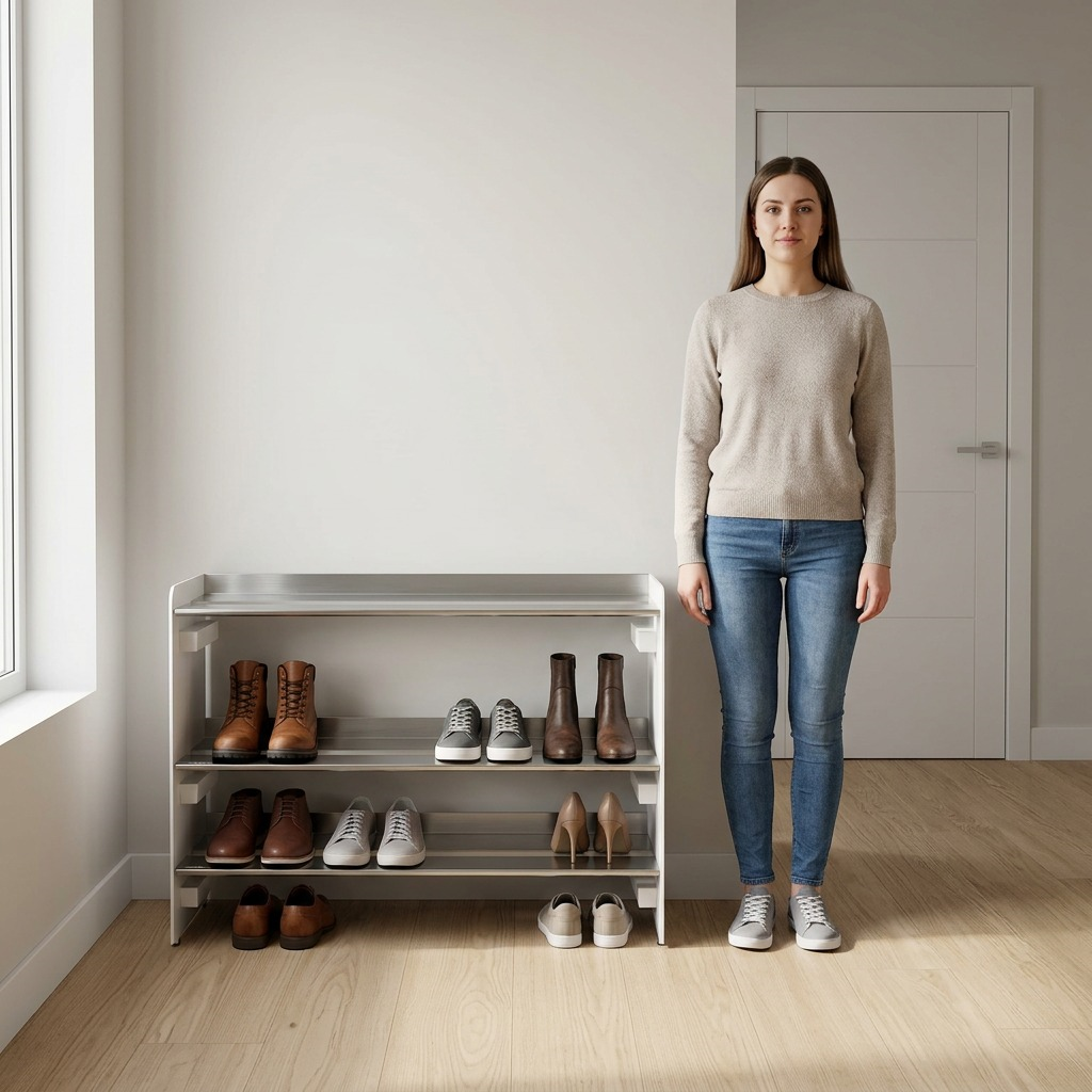 Product-led visual scale reference image showing the TIT347-SS-WHITE 3-tier stainless steel shoe rack next to an average human figure for size comparison.