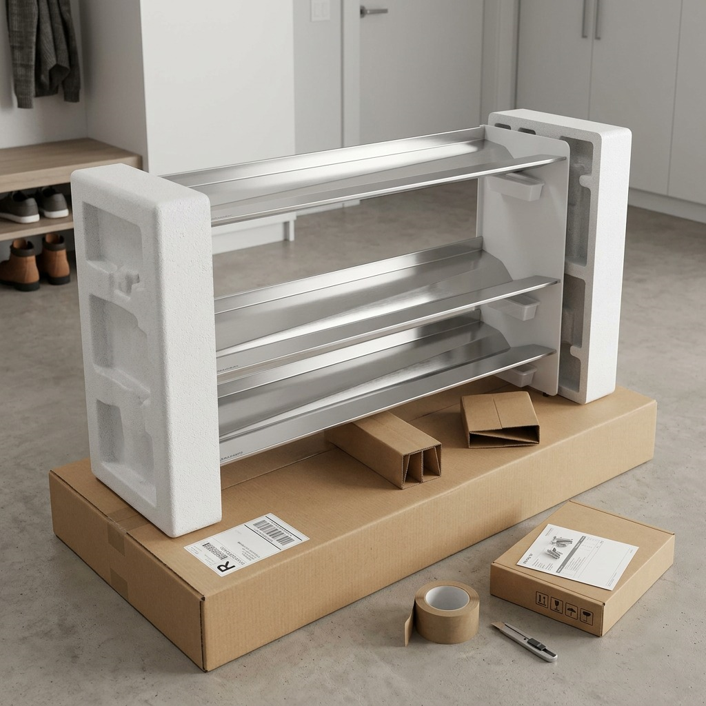 Product presentation matrix image 7 showing the RAKABOT Titan shoe and boot rack unboxed, securely nested with protective foam and cardboard on a delivery-day surface.