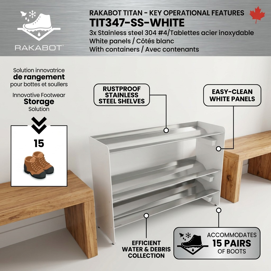 Operational feature graphic for the Rakabot Titan boot rack, highlighting key benefits.