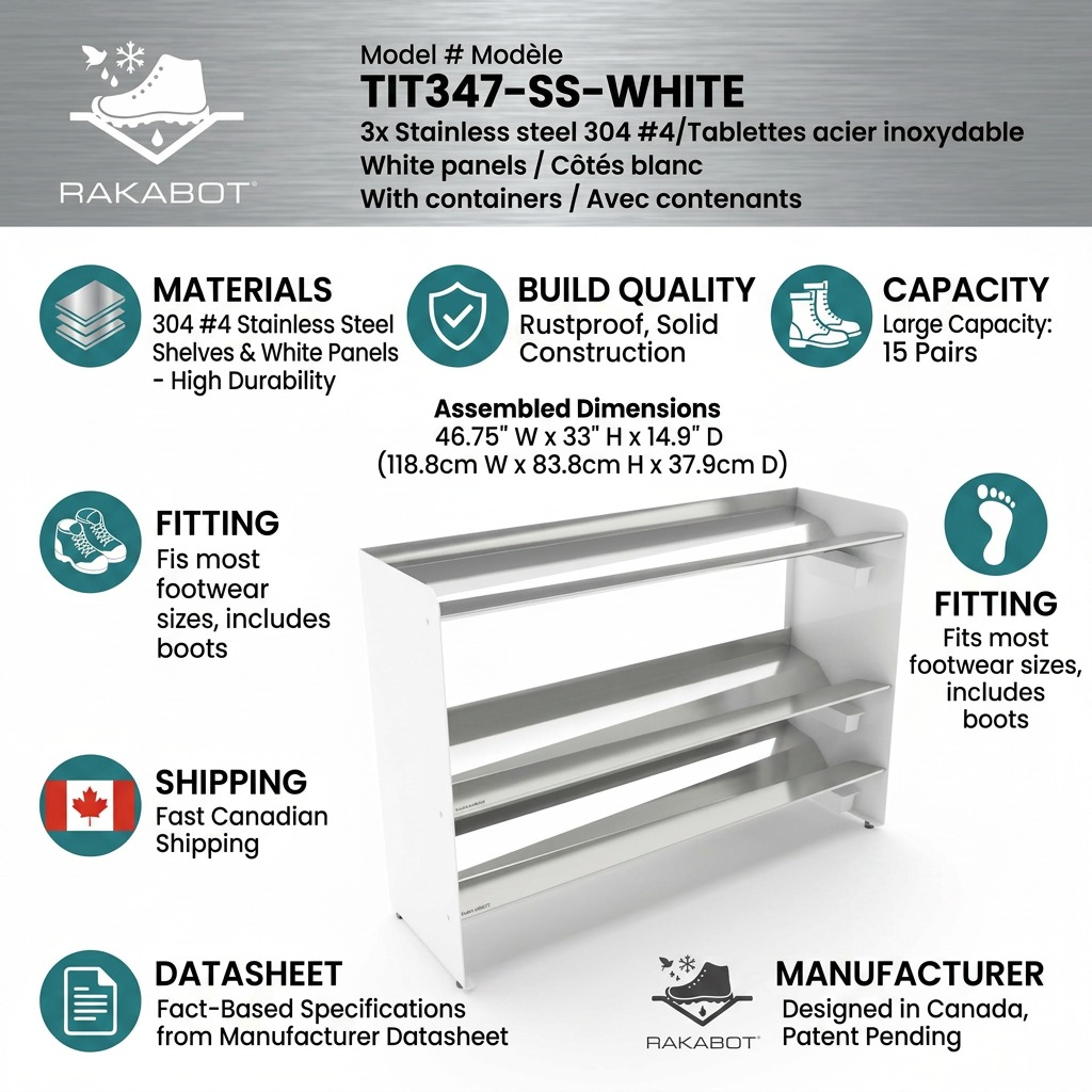 Infographic for RAKABOT Titan TIT347-SS-WHITE, displaying key details like stainless steel construction, fast Canadian shipping, 15-pair capacity, and dimensional data.