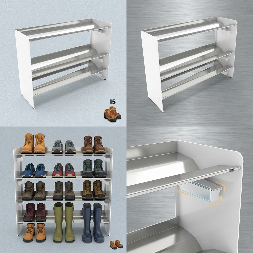 A product matrix image featuring the RAKABOT TIT347-SS-WHITE from multiple angles and illustrating its 15-pair storage capacity with and without footwear, against a premium, brand-aligned background.