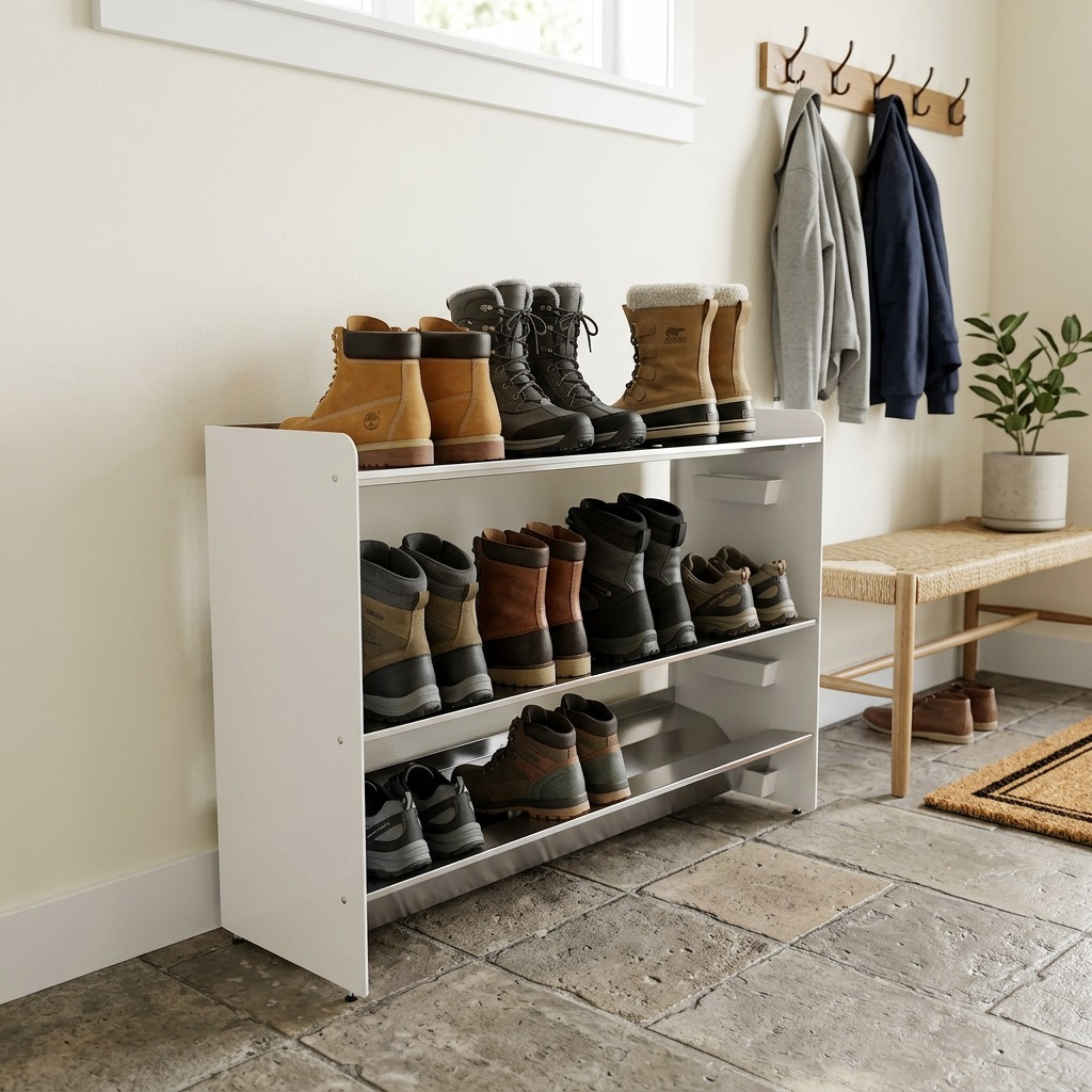 Lifestyle photo of the Rakabot Titan TIT347-SS-WHITE rack with boots in a home mudroom.