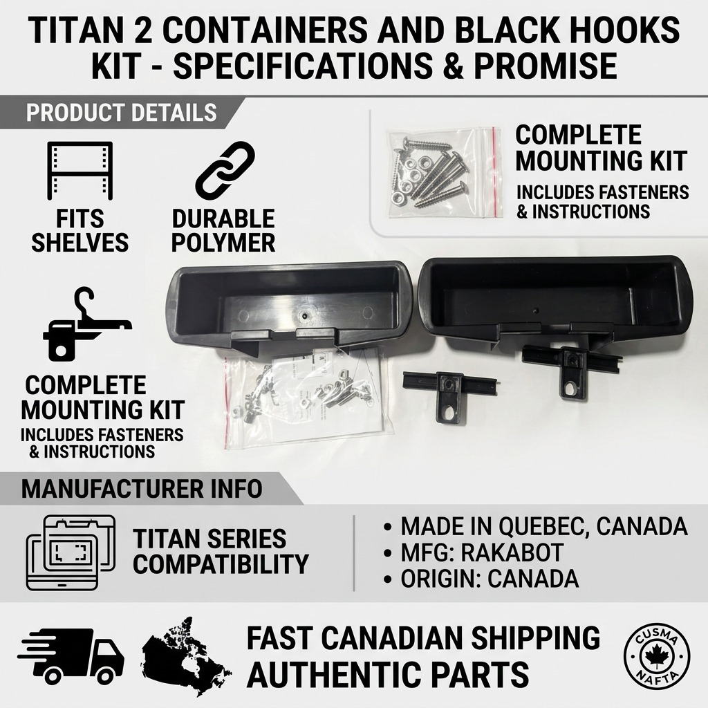 Rakabot Titan 2 container expansion kit infographic with mounting hardware, made in Canada.