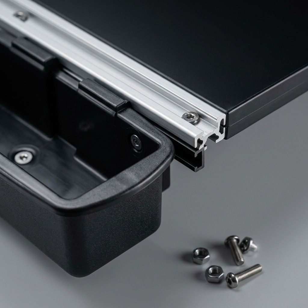 Macro view of Rakabot Titan expansion kit black container, aluminum track, and mounting hardware.