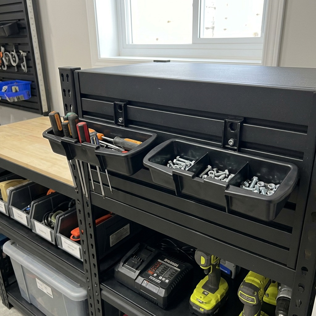 Rakabot Titan black expansion containers and hooks kit organized on a shelf with tools and hardware.