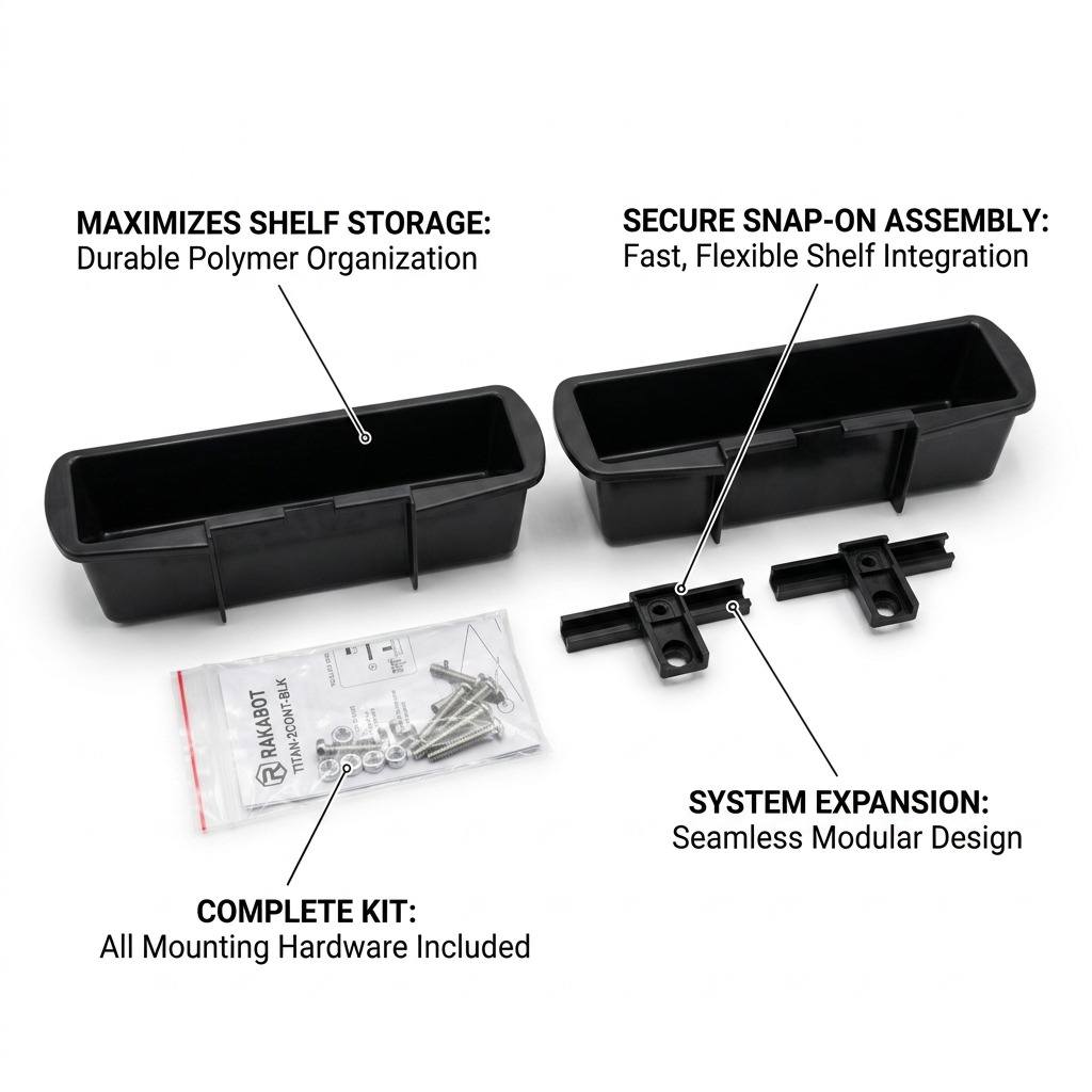 RAKABOT Titan Expansion Kit featuring two black storage containers, two black hooks, and mounting hardware.