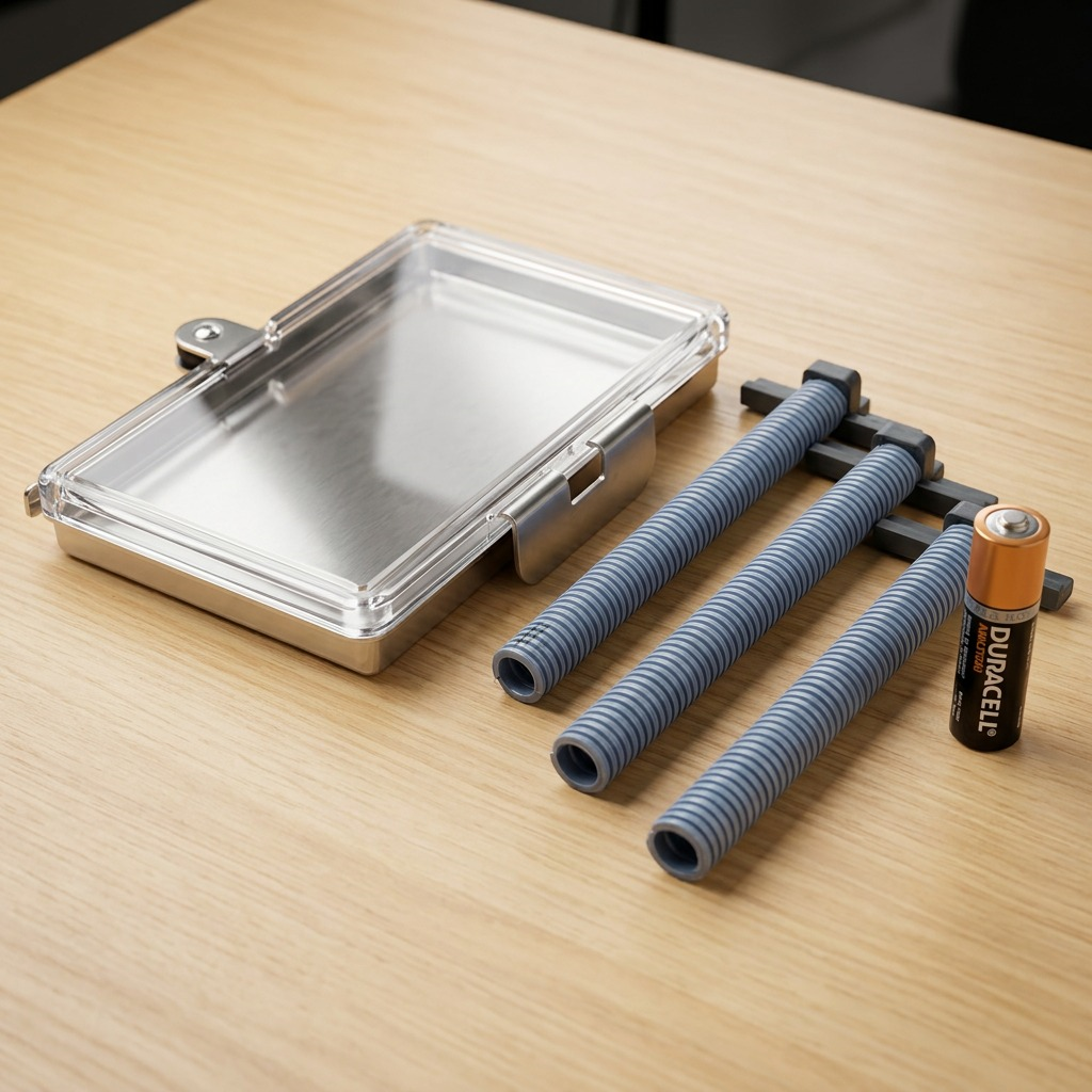 RAKABOT TITAN 4-tier draining pipe kit next to a AA battery on a desk for size scale reference.