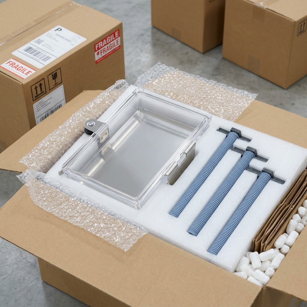 Unboxing of RAKABOT TITAN Draining Pipe Kit components in secure foam packaging with bubble wrap.