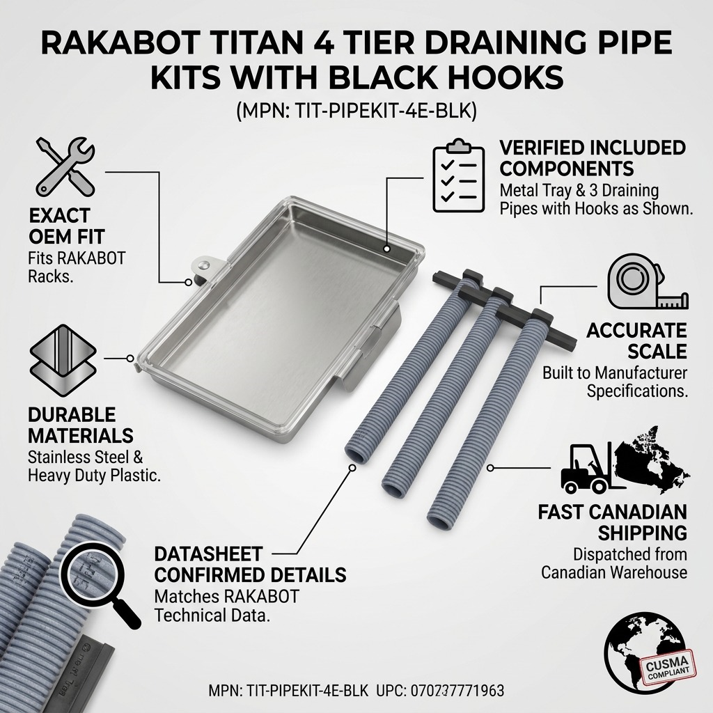 Infographic for RAKABOT TITAN 4-tier draining pipe kit shows metal tray, 3 pipes, and black hooks.