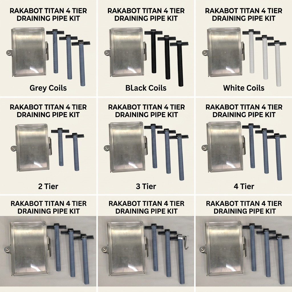 Grid showing Rakabot Titan 4-Tier Draining Pipe Kit options: grey, black, and white coils, and 2, 3, or 4-tier setups.
