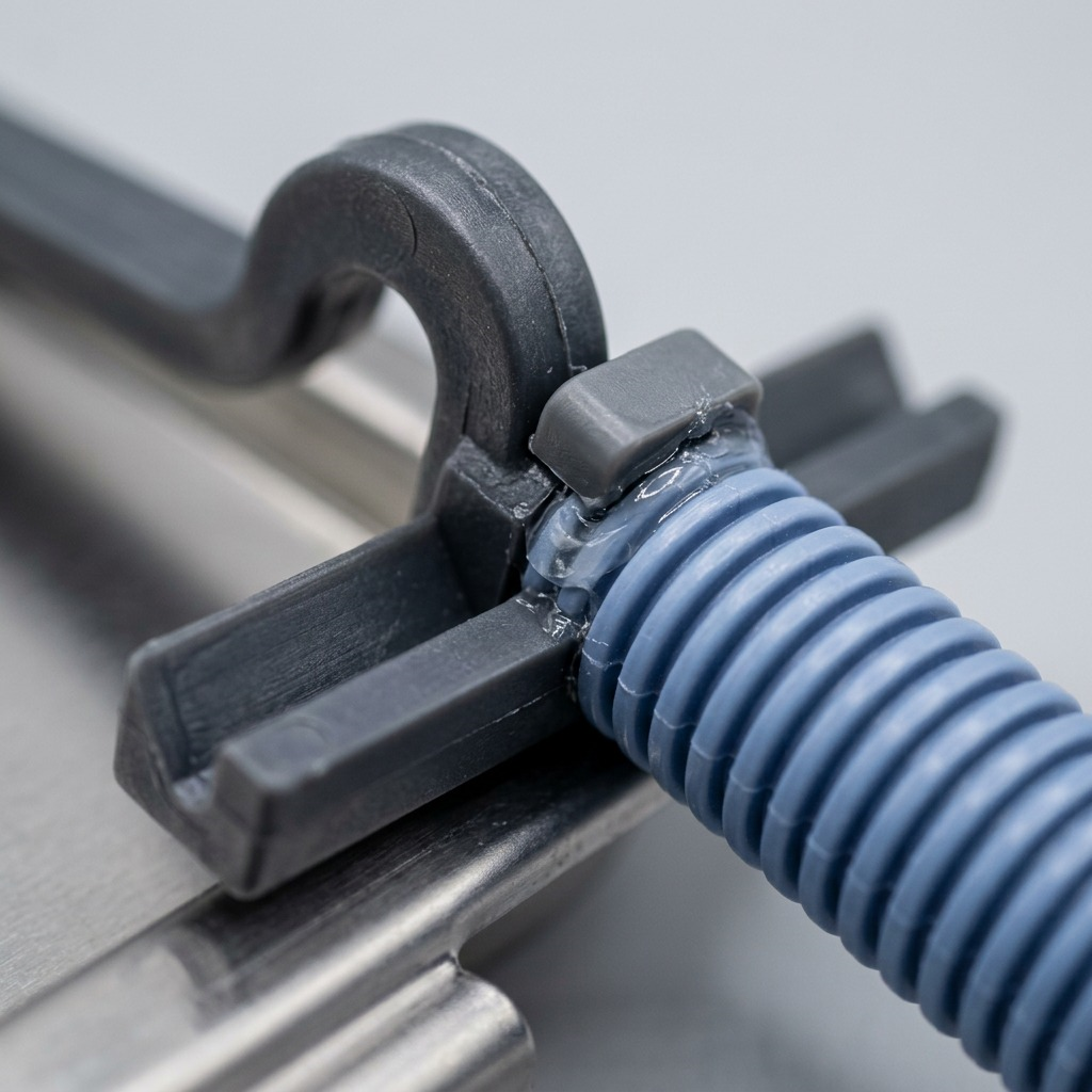Macro detail of the RAKABOT TITAN drainage pipe connector with a blue corrugated hose and a black hook.