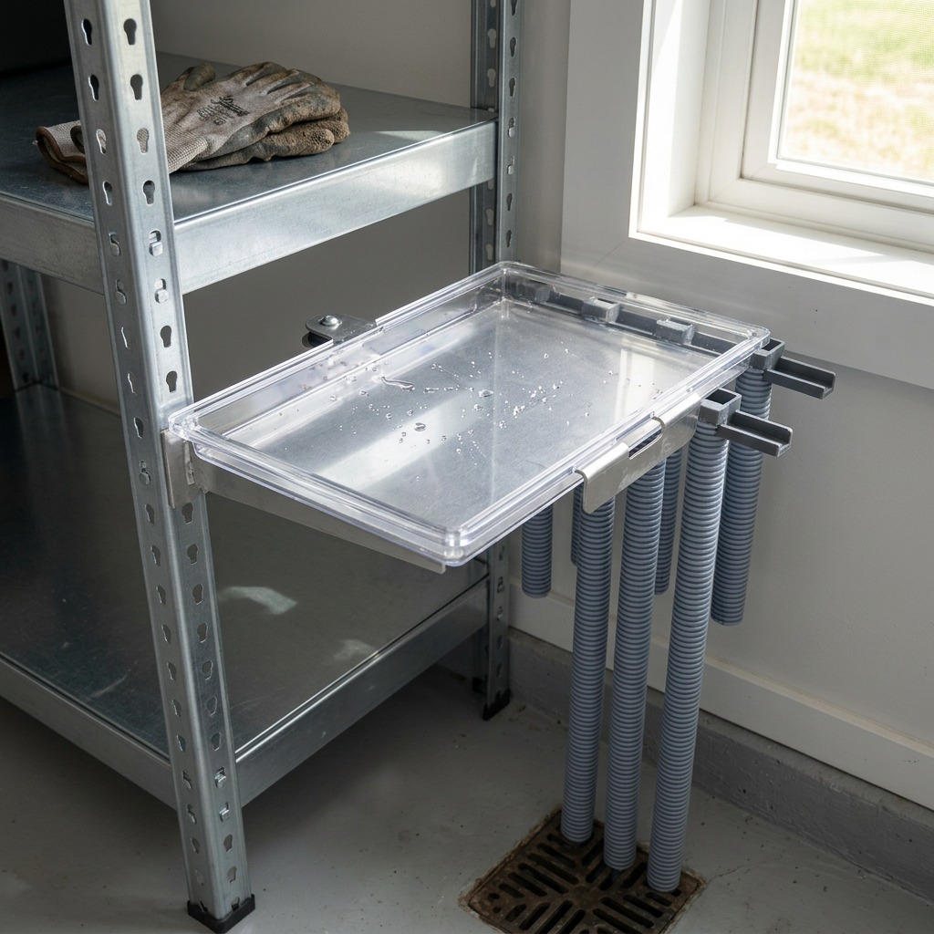 RAKABOT TITAN 4-tier draining pipe kit installed on metal shelving, diverting water to a floor drain.