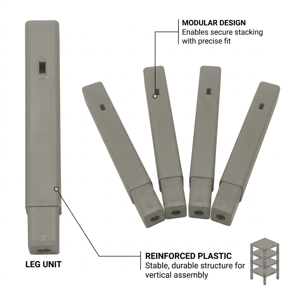 Product feature diagram of 4 Rakabot grey legs and 1 close-up leg unit with benefit callouts.