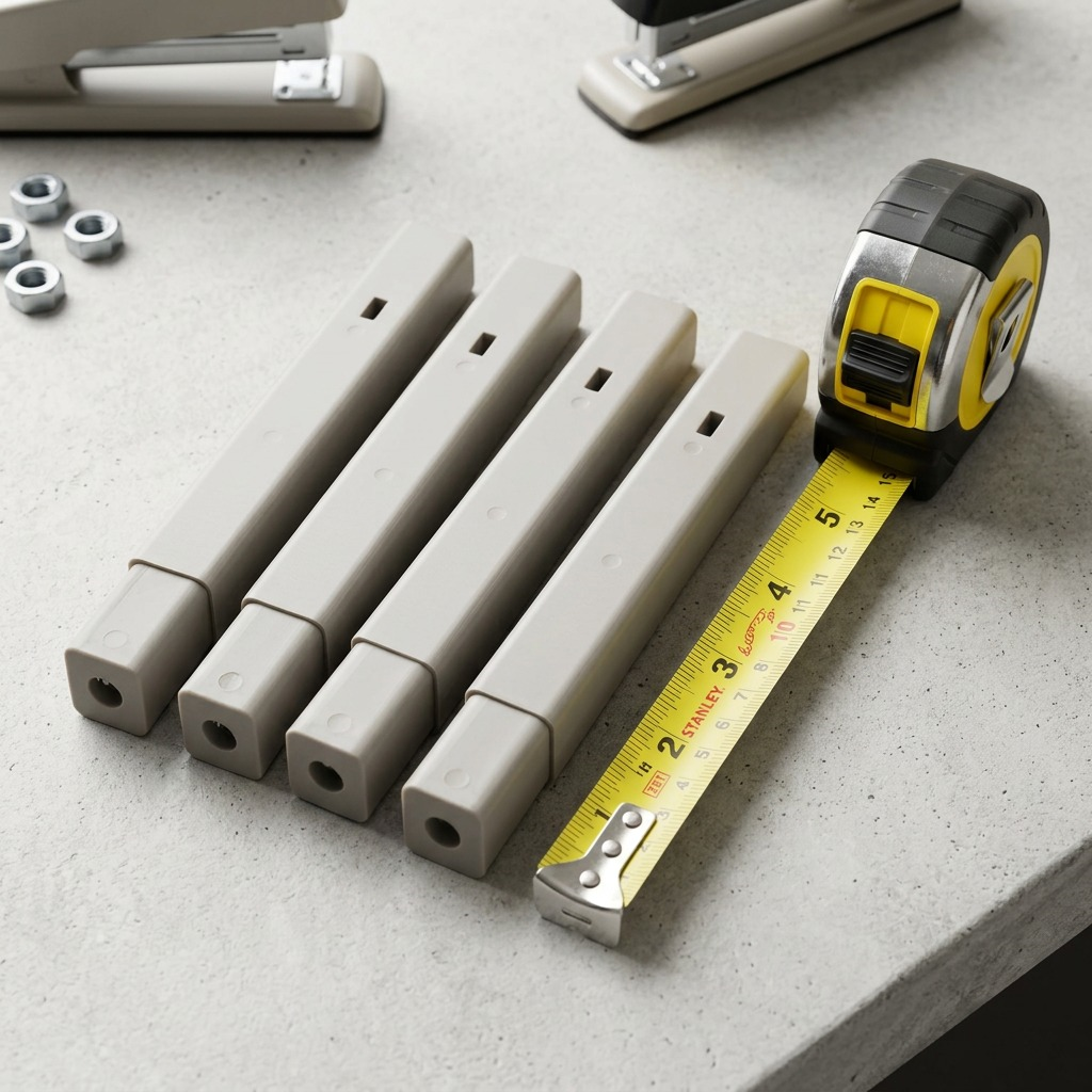 Four grey plastic RAKABOT legs are arranged on a light grey surface next to an extended tape measure showing dimensions, providing a scale reference.