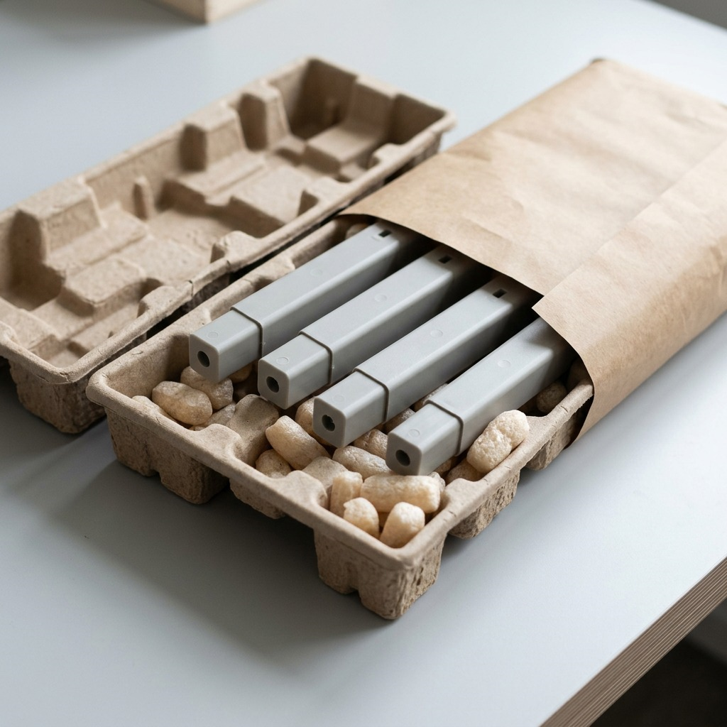 Four RAKABOT plastic legs are revealed in custom-molded protective shipping packaging during an unboxing.