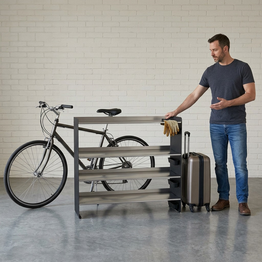 Rakabot Titan 4-tier stainless rack shown for scale next to a man, bicycle, and suitcase.