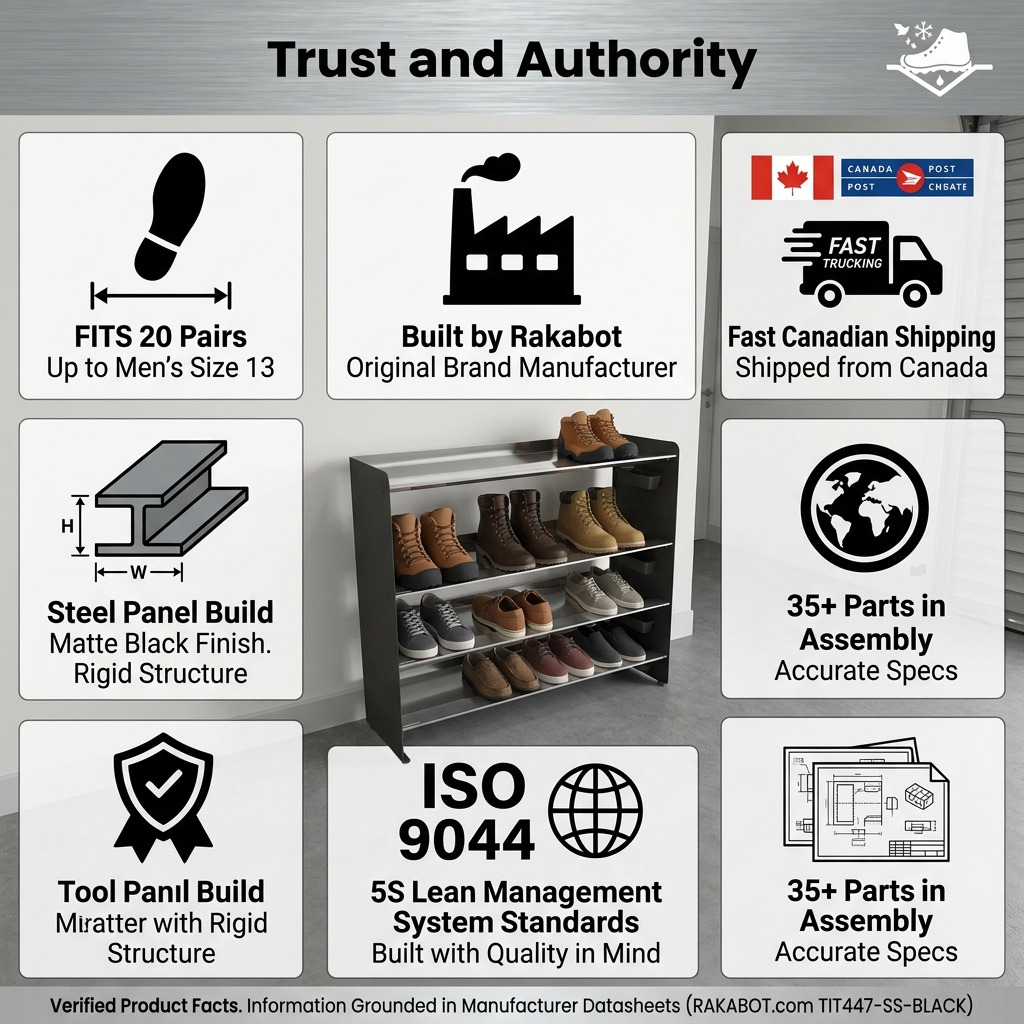 Rakabot Titan 4-tier stainless steel boot rack infographic featuring capacity and shipping facts.