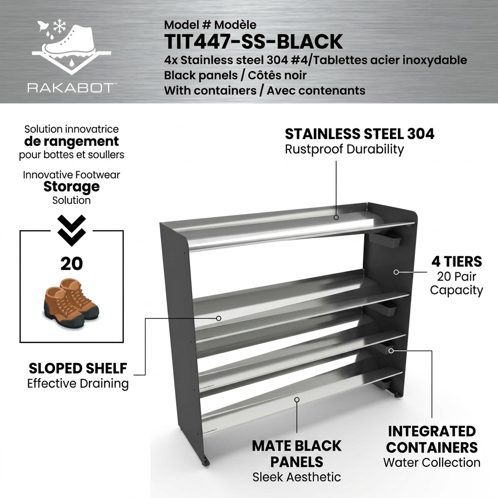 Feature diagram of Rakabot Titan 4-tier stainless steel boot rack showing sloped draining shelves.