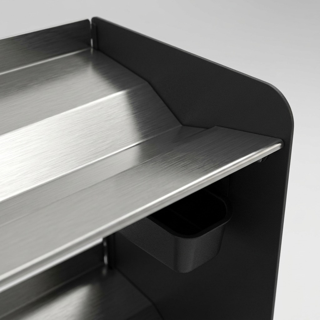 Close-up of Rakabot Titan boot rack showing brushed stainless steel shelf and matte black panel.