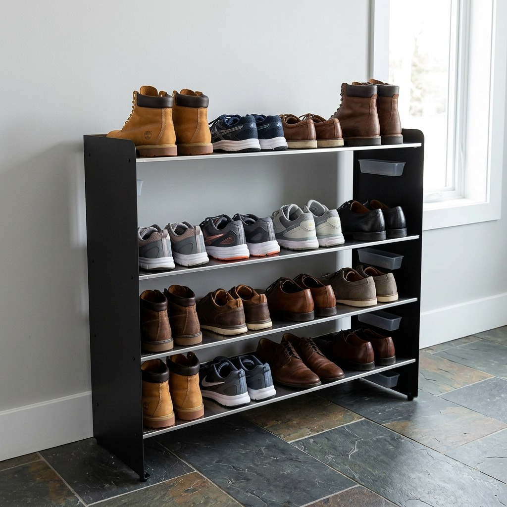 Rakabot Titan 4-tier stainless steel shoe rack with black side panels holding boots and shoes.