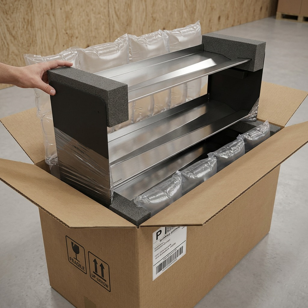 Unboxing the Rakabot Titan boot rack, securely packed with foam and air cushions in a shipping box.