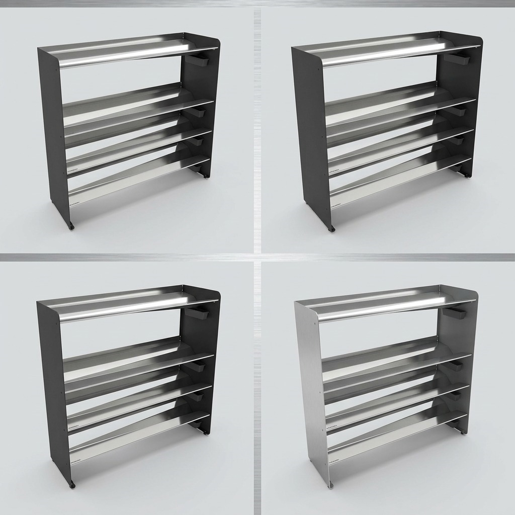 Grid showing the Rakabot Titan 4-tier stainless steel boot rack in matte black and silver finishes.