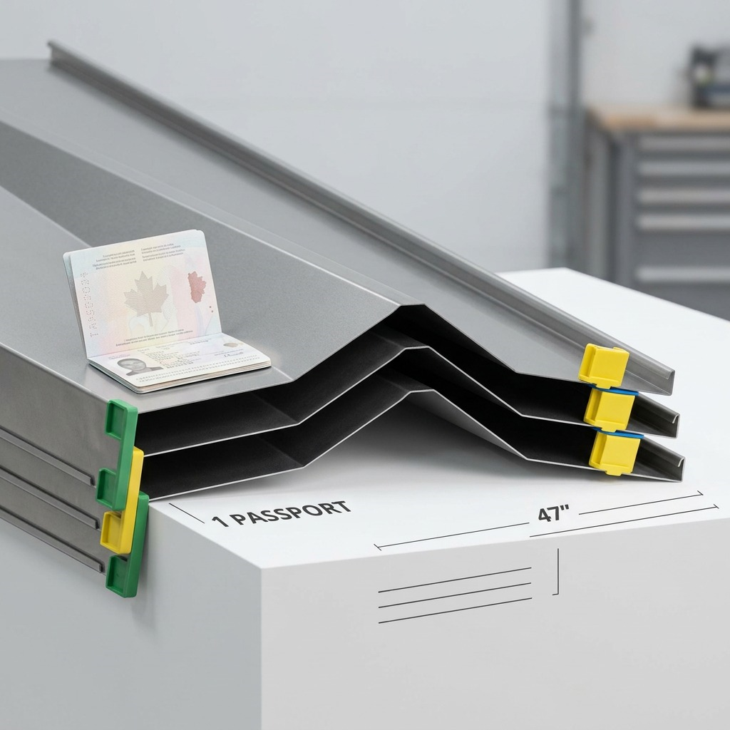 The three V-shaped metal shelves with yellow and green accents stacked on a plinth, measured against a passport.