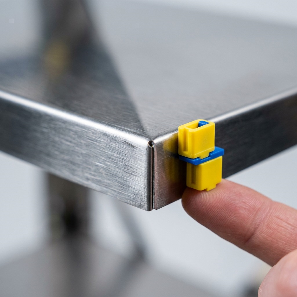 Extreme macro view of the yellow and blue connector on a brushed stainless steel shelf edge.