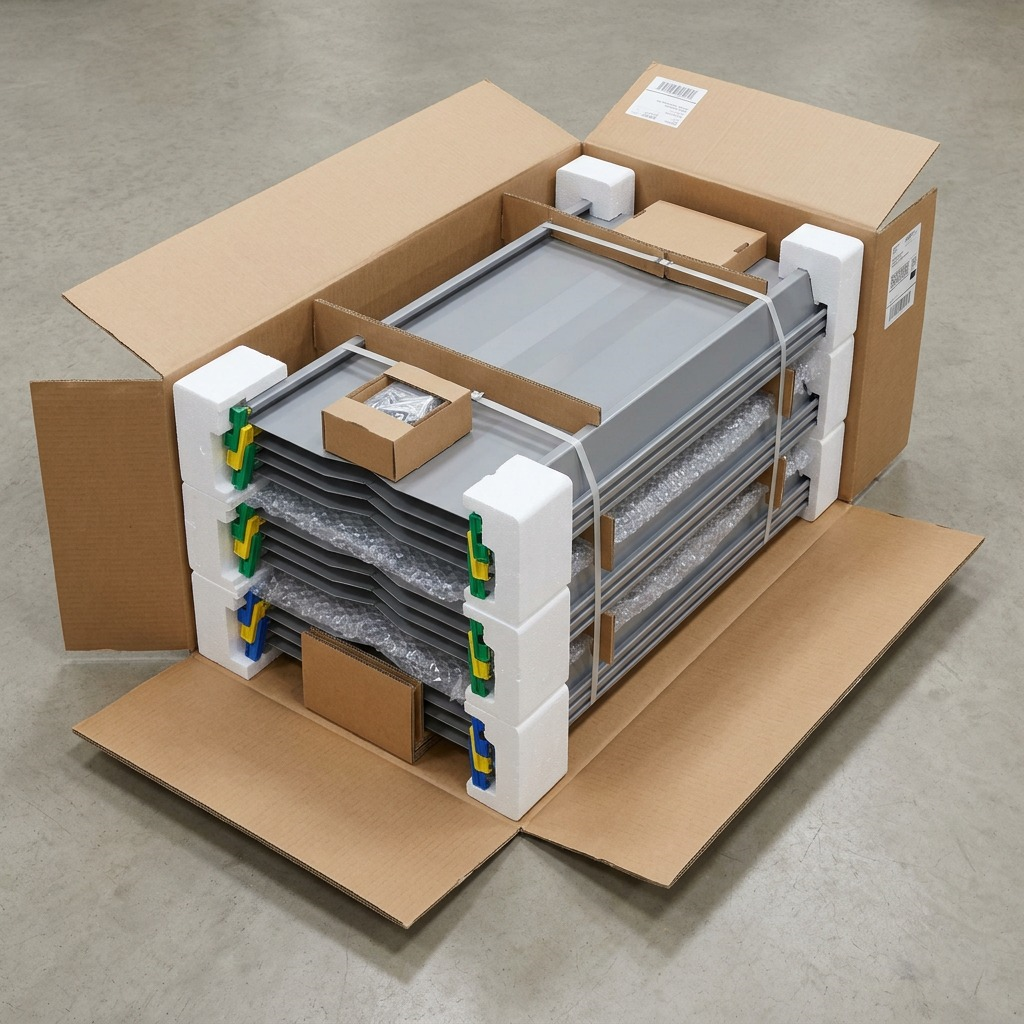Neutral studio shot of a corrugated shipping box opened to reveal well-protected nested stainless steel shelves with dense foam blocking, assuring safe delivery.