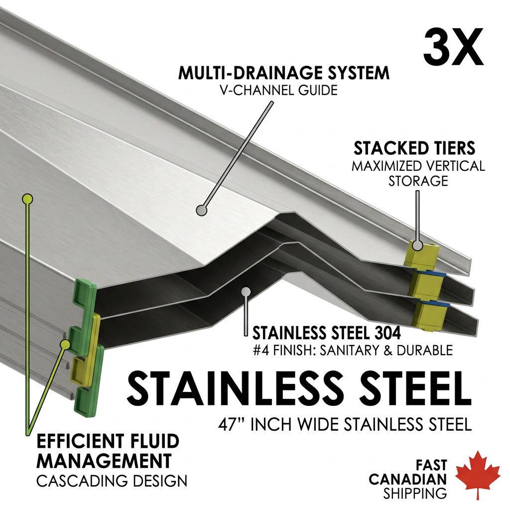 Operational visual matrix showing Rakabot's efficient multi-drainage system with stacked stainless steel tiers and cascading V-channel design for water flow.