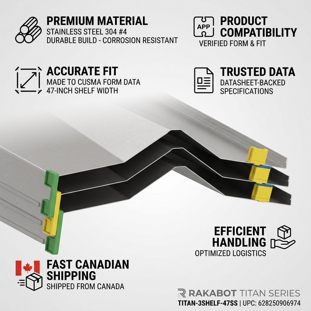 An infographic for Rakabot Titan stainless steel shelves detailing material, fit, compatibility, data accuracy, and shipping.