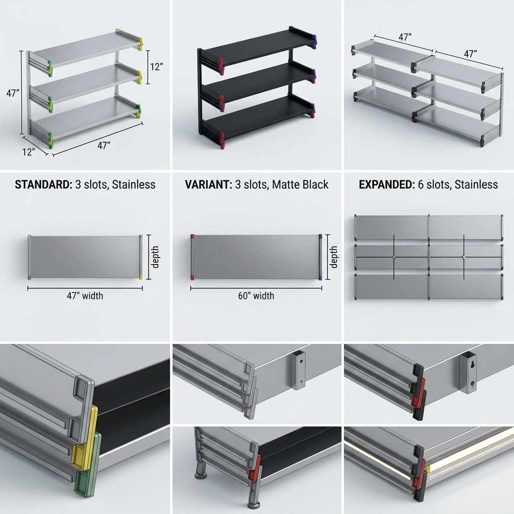 A 3x3 variant matrix image showing comparison views of the Rakabot Titan wide shelves in different finishes and dimensions.