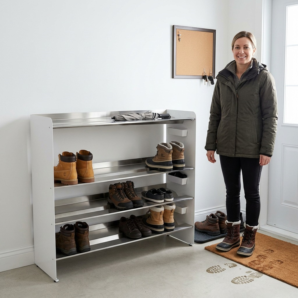 Alt text: a 42-inch Rakabot boot rack made of stainless steel and white panels holding boots in a hallway scale scene.