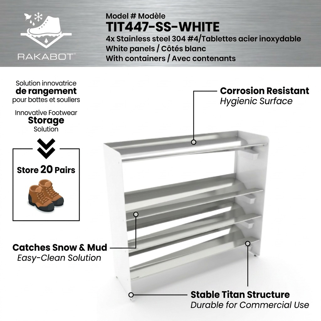 Product image of Rakabot Titan 4-tier shoe rack with callouts highlighting its stainless steel shelves, drip containers, and sturdy structure.