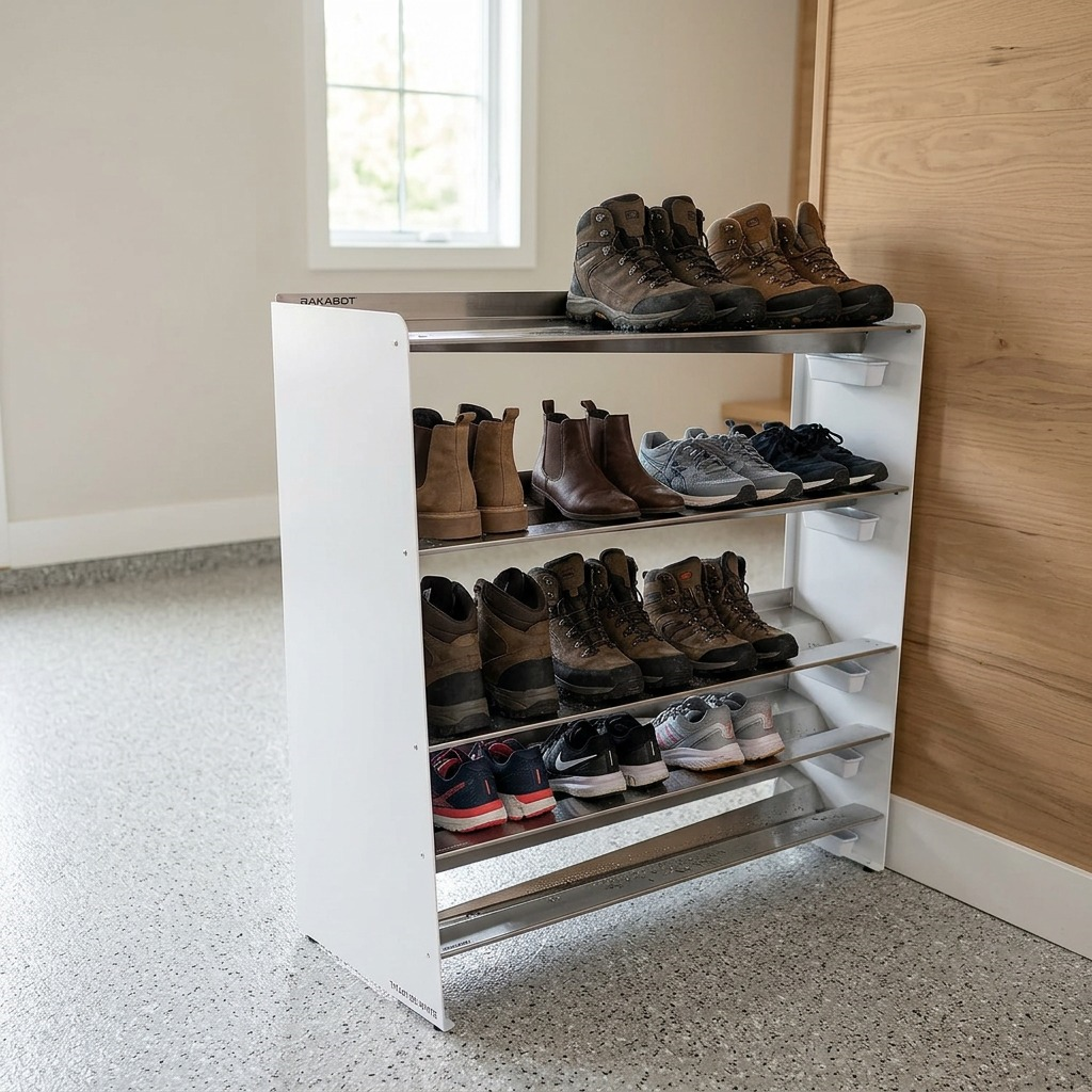 rakabot commercial shoe and boot rack loaded with 20 pairs of footwear in a modern garage context with epoxy flooring and window lighting