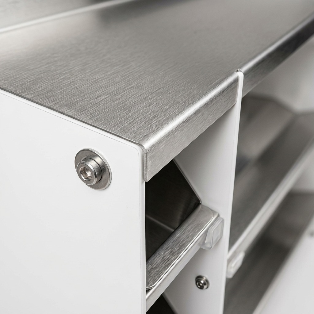 An extreme close-up of a stainless steel and white PVC shoe rack, focusing on precision details.