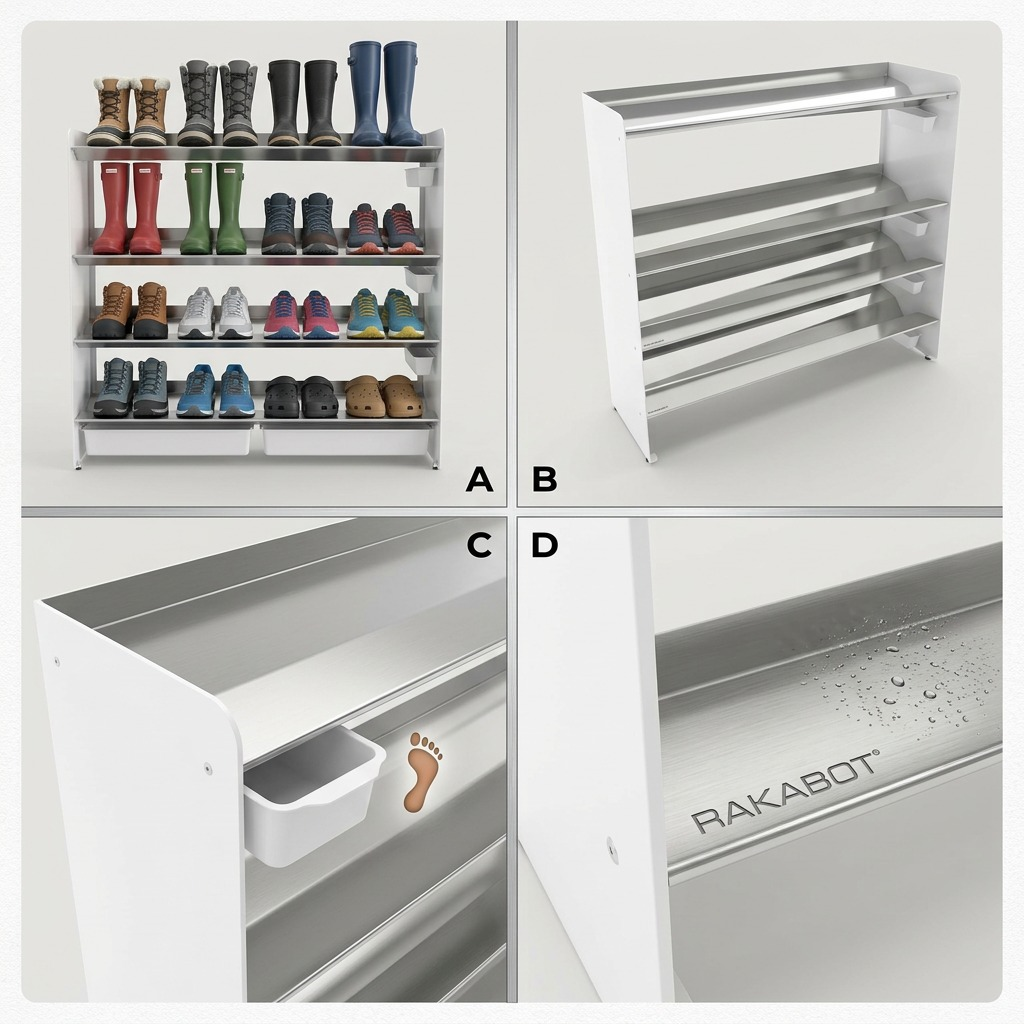 A professional variant matrix showcasing the Rakabot Titan boot rack (TIT447-SS-WHITE) from four distinct, helpful angles on a clean, light grey product-first background.