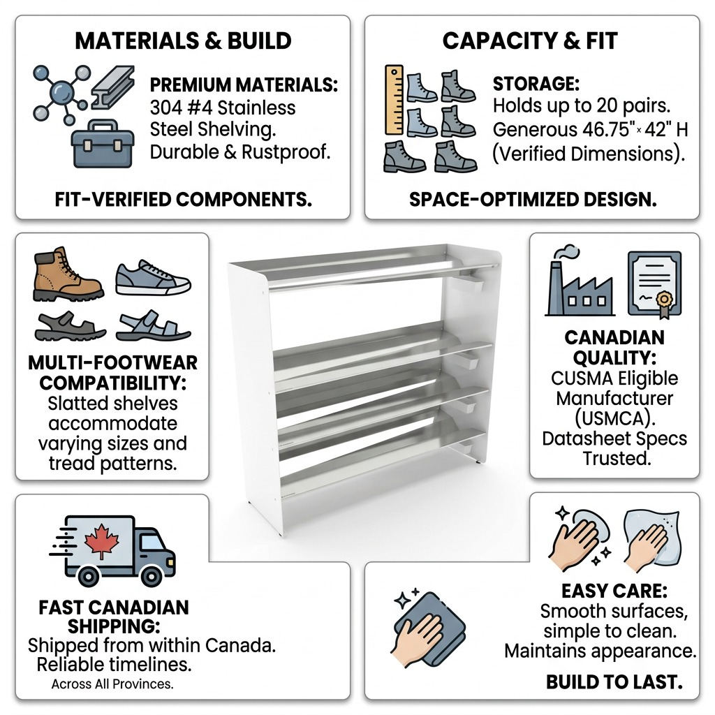 A trust and authority infographic for the RAKABOT Titan 4-Tier shoe and boot rack.