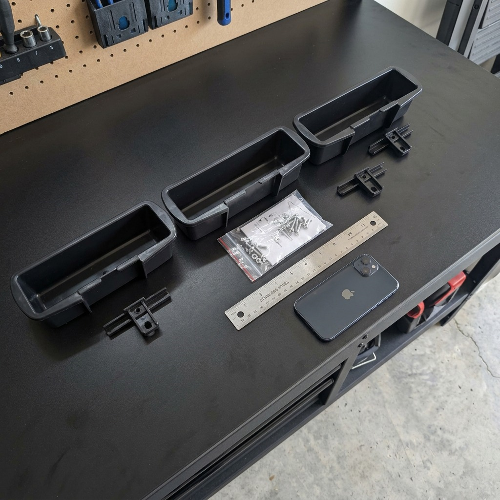 Rakabot Titan 3-container and hook kit on a workbench with a ruler and phone for scale reference.