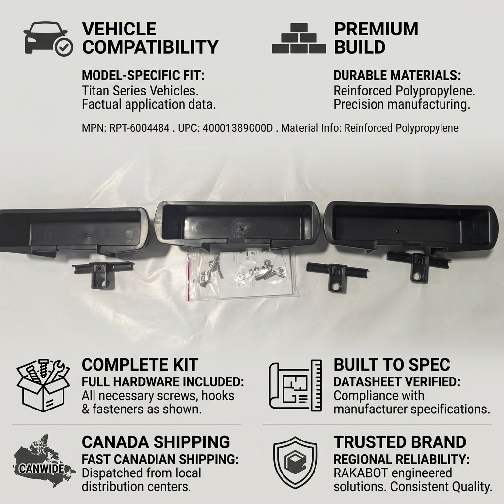 Rakabot Titan 3-Container and Black Hooks Kit infographic showing hardware, fitment, and shipping.