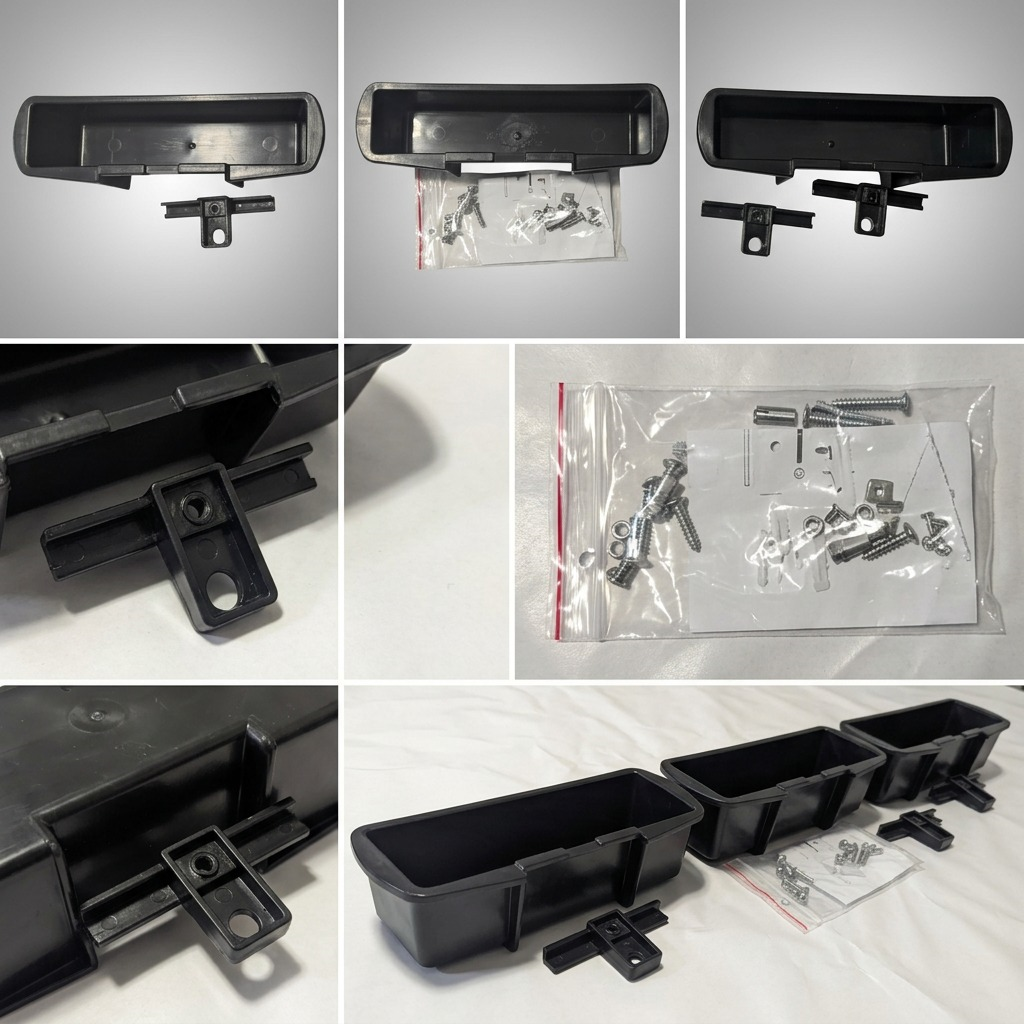 Grid of the Rakabot Titan Kit showing 3 black containers, mounting hooks, and hardware packet.