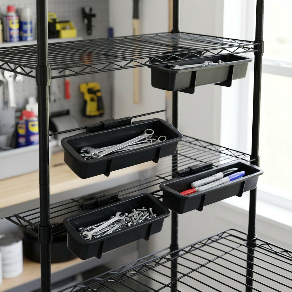 Rakabot Titan black storage containers and hooks attached to a wire shelf holding tools and screws.