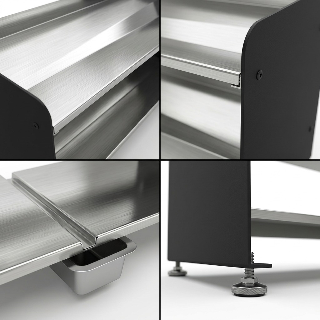 Detail visual matrix: extreme close-ups of stainless shelf, drain container, and leveler on the Rakabot.