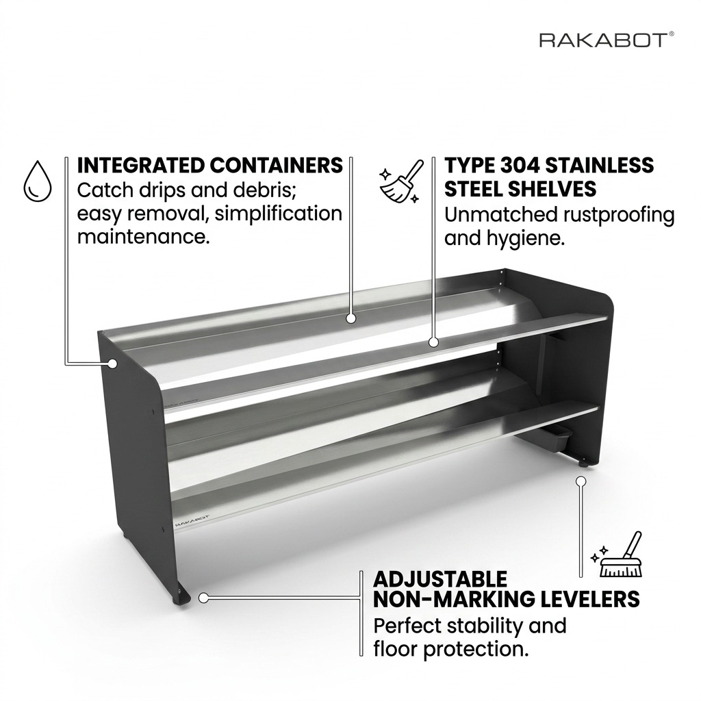 Feature callout graphic of RAKABOT TIT247-SS-BLACK, showcasing drip containment and 2-tier, 10-pair storage.
