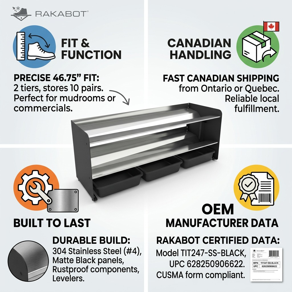 Infographic matrix highlighting the robust materials, precise dimensions, and fast shipping for the Rakabot commercial shoe rack.