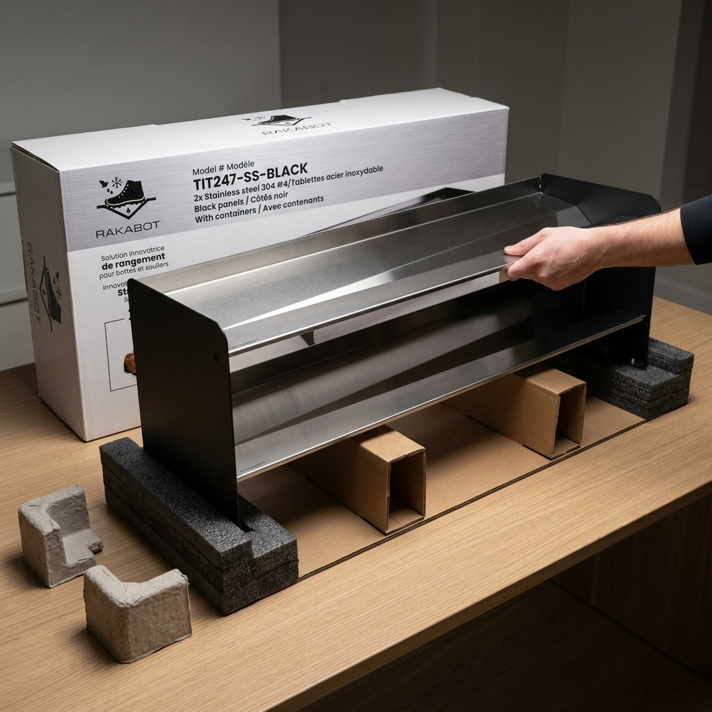 A close-up view of the black and stainless steel RAKABOT TIT247-SS-BLACK boot rack, safely encased in thick, custom-molded pulp foam and protective cardboard shipping materials. The rack's dimensions and dual-tier design are evident in the partial unboxing, demonstrating secure packaging.