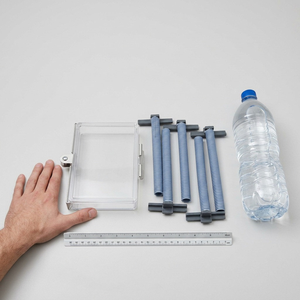 Rakabot Titan 6-Tier Pipe Kit components shown next to a hand, ruler, and water bottle for scale.