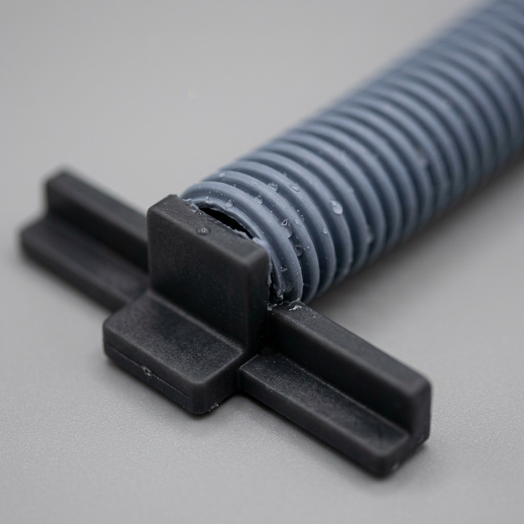 Macro detail of Rakabot Titan 6-Tier flexible grey drainage pipe connected to a black end hook.