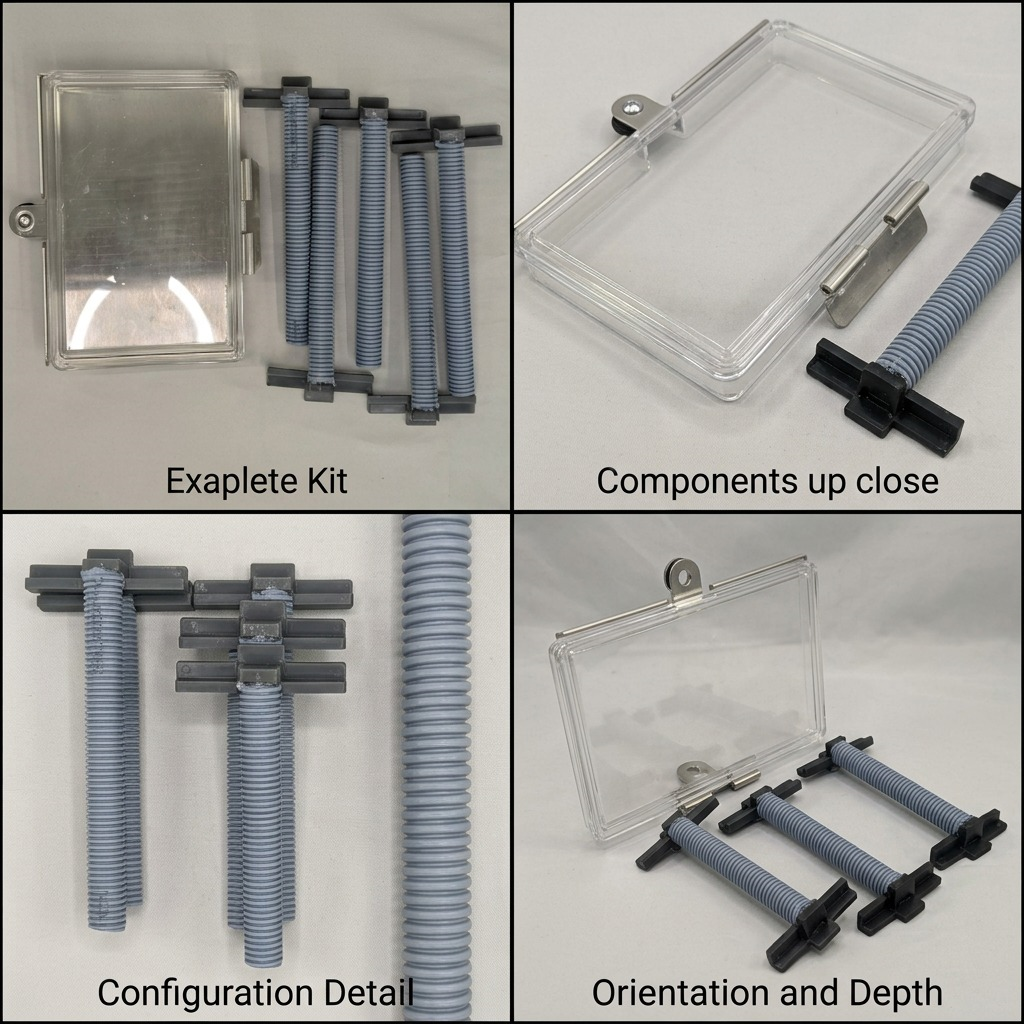 Four-panel view of the Rakabot Titan 6-Tier Draining Pipe Kit with grey hoses and clear components.